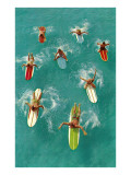 Surfers Paddling on Multi-Colored Boards  from Above