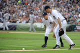 Texas Rangers v Detroit Tigers - G Five  Detroit  MI - Oct 13: Justin Verlander and Brandon Inge
