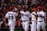 Detroit Tigers v Rangers - Arlington  TX - Oct 15: Adrian Beltre  Mike Napoli and Craig Gentry