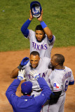 Rangers v Cardinals - Oct 27: Adrian Beltre  Esteban German  Ron Washington and Elvis Andrus