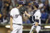 Cardinals v Milwaukee Brewers - G Six  Milwaukee  WI - Oct 16: Takashi Saito and Jonathan Lucroy