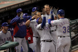 Rangers v Cardinals - Oct 27: Josh Hamilton  Esteban German  Yorvit Torrealba and David Murphy
