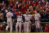 Rangers v Cardinals - Oct 27: Josh Hamilton  Esteban German  Yorvit Torrealba and David Murphy