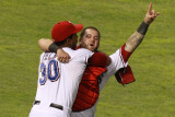Detroit Tigers v Texas Rangers - Game Six  Arlington  TX - Oct 15: Mike Napoli and Neftali Feliz
