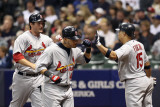 Cardinals v Brewers - Milwaukee  WI - Oct 16: David Freese  Yadier Molina and Rafael Furcal