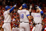 Rangers v Cardinals  St Louis  MO - Oct 27: Elvis Andrus  Josh Hamilton and Mitch Moreland