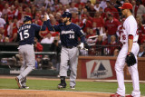 Brewers v St Louis Cardinals - Oct 13: Jerry Hairston Jr  George Kottaras and Kyle Lohse
