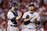 Brewers v St Louis Cardinals - Oct 12: Jonathan Lucroy and Yovani Gallardo
