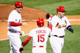 Brewers v Cardinals - G Five - Oct 14: David Freese  Yadier Molina and Rafael Furcal