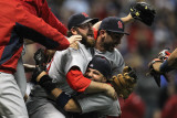 Cardinals v Brewers - Milwaukee  WI - Oct 16: Jason Motte  Yadier Molina and Daniel Descalso