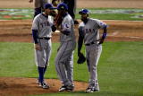 Rangers v Cardinals  St Louis  MO - Oct 27: Ian Kinsler  Darren Oliver and Elvis Andrus