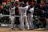 Rangers v Cardinals - Oct 27: Adrian Beltre  Esteban German  Yorvit Torrealba and Elvis Andrus