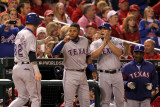 Rangers v Cardinals - Oct 28: Josh Hamilton  Elvis Andrus  Yorvit Torrealba and Ron Washington