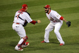 Game 7 - Rangers v Cardinals  St Louis  MO - October 28: Jason Motte and Yadier Molina