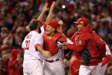 Game 7 - Rangers v Cardinals  St Louis  MO - October 28: Jason Motte and Yadier Molina