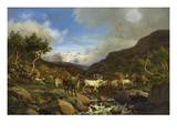 A Herd of Reindeer Fording a Stream in a Mountainous Landscape