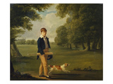 An Eton Schoolboy Carrying a Cricket Bat  with His Dog  on Playing Fields  