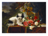 Rhododendrons in a Porcelain Vase with Roses and a Dog on a Draped Table in a Landscape