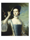 Portrait of a Lady  in a Blue and White Dress  Trimmed with Ribbons  and a Straw Hat with Blue…