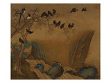 Mynah Birds Gathering in a Tree by a Stream from an Album of Bird Paintings