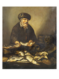 A Fishmonger Holding a Pike  with Bream  Perch and Other Fish on a Ledge