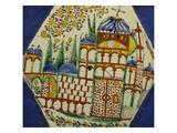 A Kutahya Pottery Hexagonal Tile Depicting a Cathedral with Floral Spray Above