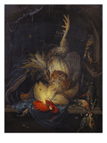 A Cockerel  a Partridge  Powder Horns  a Kingfisher and Song-Birds Hanging in a Niche  with a…