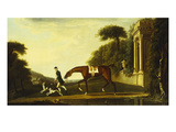 A Chestnut Hunter Being Led by a Groom with Two Hounds Outside a Country Estate