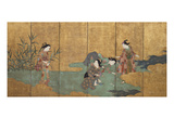 One of a Pair of Six-Leaf Screens Depicting a Group of Three Young Women and an Actor Collecting…