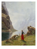 A Girl with Goats by a Fjord