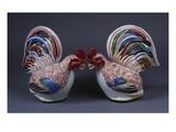 A Pair of Boldly Modelled Arita Cockerels Decorated in Iron-Red  Green  Blue-Black Enamels and…