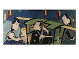 An Oban Triptych Depicting a Nocturnal Scene with Three Actors before a Pal