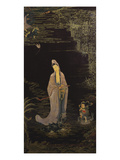 A Large Chinese Lacquered Painted Wood Rectangular Panel Depicting a Standing Model of Guanyin…