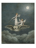 Two Fairies Standing on the Back of an Owl Beneath a Moon