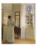 A Lady Looking in a Mirror by an Open Door