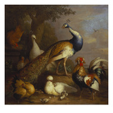 A Peacock  a Peahen and Poultry in a Landscape