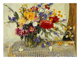 Delphiniums  Roses  Peonies  Dahlias and Other Flowers in a Glass Vase