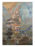 Figures at Leisure in the Garden of a Pavilion  Set in a Mountainous Landscape of Blossoming…