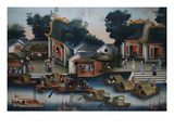A Chinese Reverse Glass Painting Depicting Figures in Sampans and Other Boats