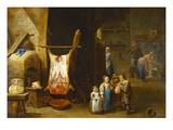The Interior of a Peasant's Cottage with a Pig's Carcass and a Boy Blowing Up its Bladder  a Man…