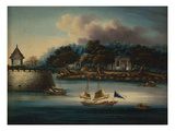 A River Scene with a Folly Fort; and Junks Moored around an Island Temple
