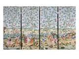 A Set of Four Chinese Painted Wallpaper Panels Depicting Chinese Figures in a Garden with Bamboo…
