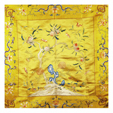 A Kang Cover of Yellow Satin  Finely Embroidered with a Peach Tree Growing from a Rocky Hill with…