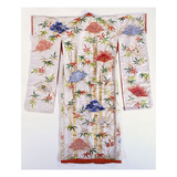A Furisode of Ivory Damask  Embroidered and Tie-Dyed with Bamboos and Fans