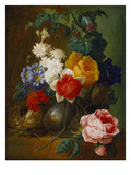 Roses  Poppies  Morning Glory and Other Flowers in a Vase with a Bird's Nest on a Ledge