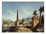 A Capriccio of Classical Monuments and an Obelisk with Soldiers by a Pool  Mountains Beyond