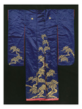 A Wedding Furisode of Midnight Blue Satin  Embroidered with Pine Trees in Couched Gilt Threads …