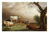 Cattle in a Field  with Travellers in a Wagon on a Track Beyond and a Church Tower in the…