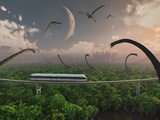 Futuristic Concept of a Monorail Ride Through a Dinosaur Park