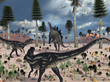 A Pair of Allosaurus Dinosaurs Confront a Lone Stegosaurus